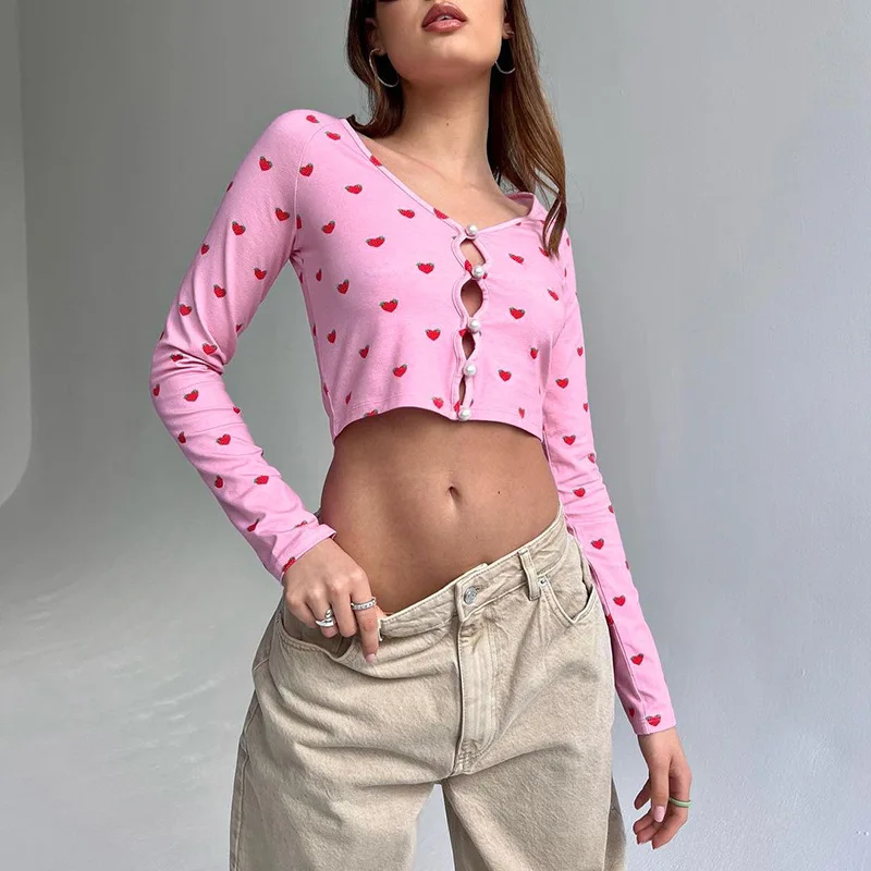 

2022 Strawberry Print Girly Cute Hollow Long-Sleeved Top Women's Spring and Autumn Sexy Cropped Navel Short Casual T-Shirt