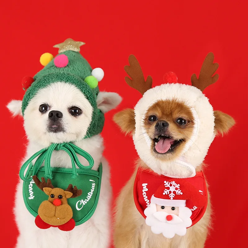 Christmas Dog Hats Puppy Dog Bib Santa Claus Elk Pet Costumes Lovely Autumn and Winter Clothes Cat Hat Big Dog New Year Dress Up