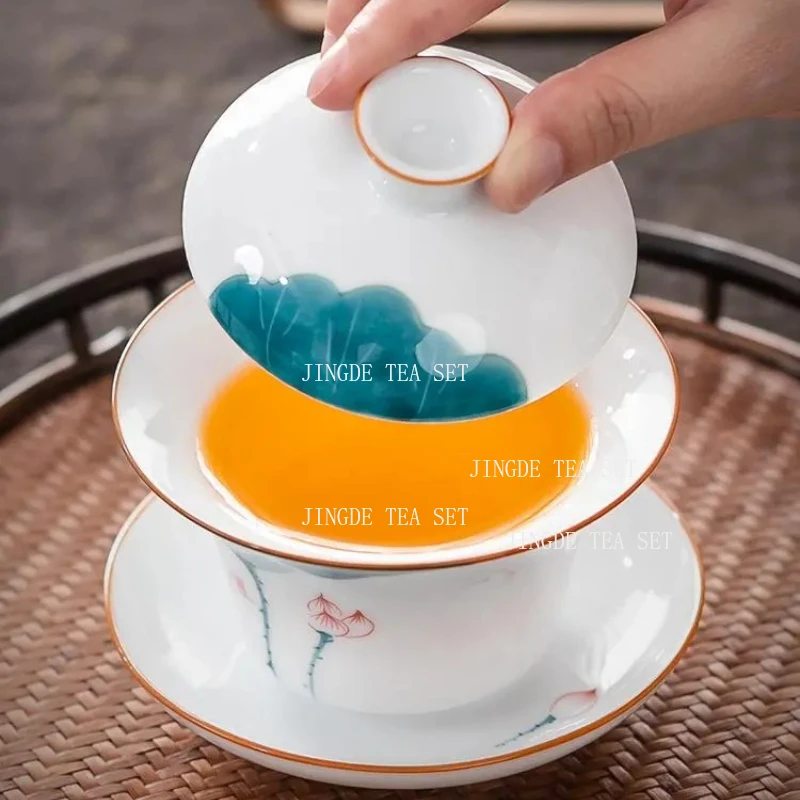 150ml Ceramic Hand-painted Tea Cup Non Hot White Porcelain Sancai Tea Bowl Underglaze Color Covered Bowl Drinking Utensils