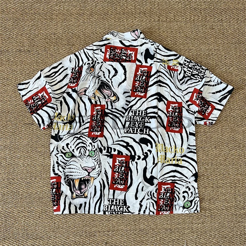 2023 New Summer WACKO MARIA Black Eyepatch Full Print Tiger Shirt Men Women 1:1 Top Quality Hawaii Beach Lapel Shirts