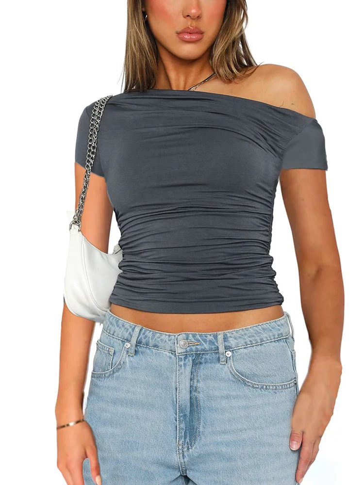 Solid Color High Elasticity Fabric Slash Shoulder Short Sleeve Pleated Navel Reveal Top for Women Casual Shrinkage Top 3