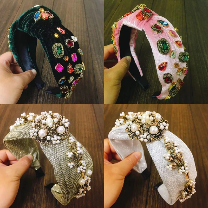 2023 New Design Handmade Retro Baroque Rhinestone Crystal Headbands For Women Velvet Knot Hairband High Quality Headwear