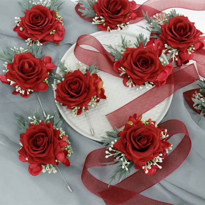 BAIFUMINGYI Red Artifical Flowers Bridesmaid boutonniere mariage homme Roses Bride Bracelet Wedding Accessories