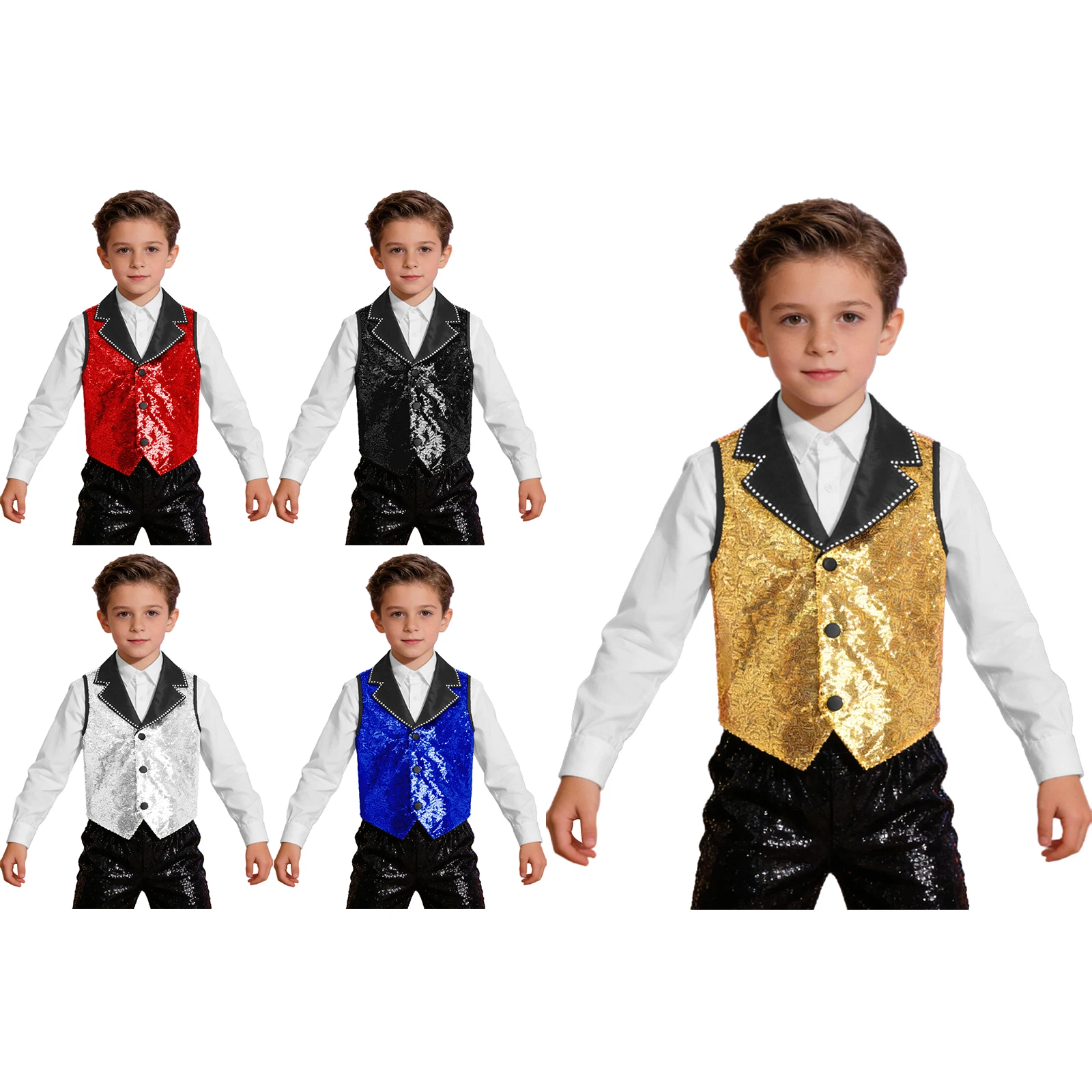 키즈 남아 여아 반짝이 스팽글 조끼 디스코 파티 재즈 힙합 댄스 의상 라펠 칼라 민소매 합창단 조끼 무대 의상