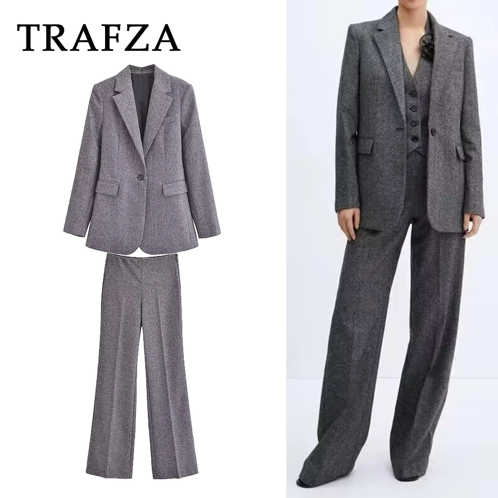 

Женский однотонный костюм TRAFZA, прямой пиджак и длинные брюки на молнии в винтажном стиле, 2024