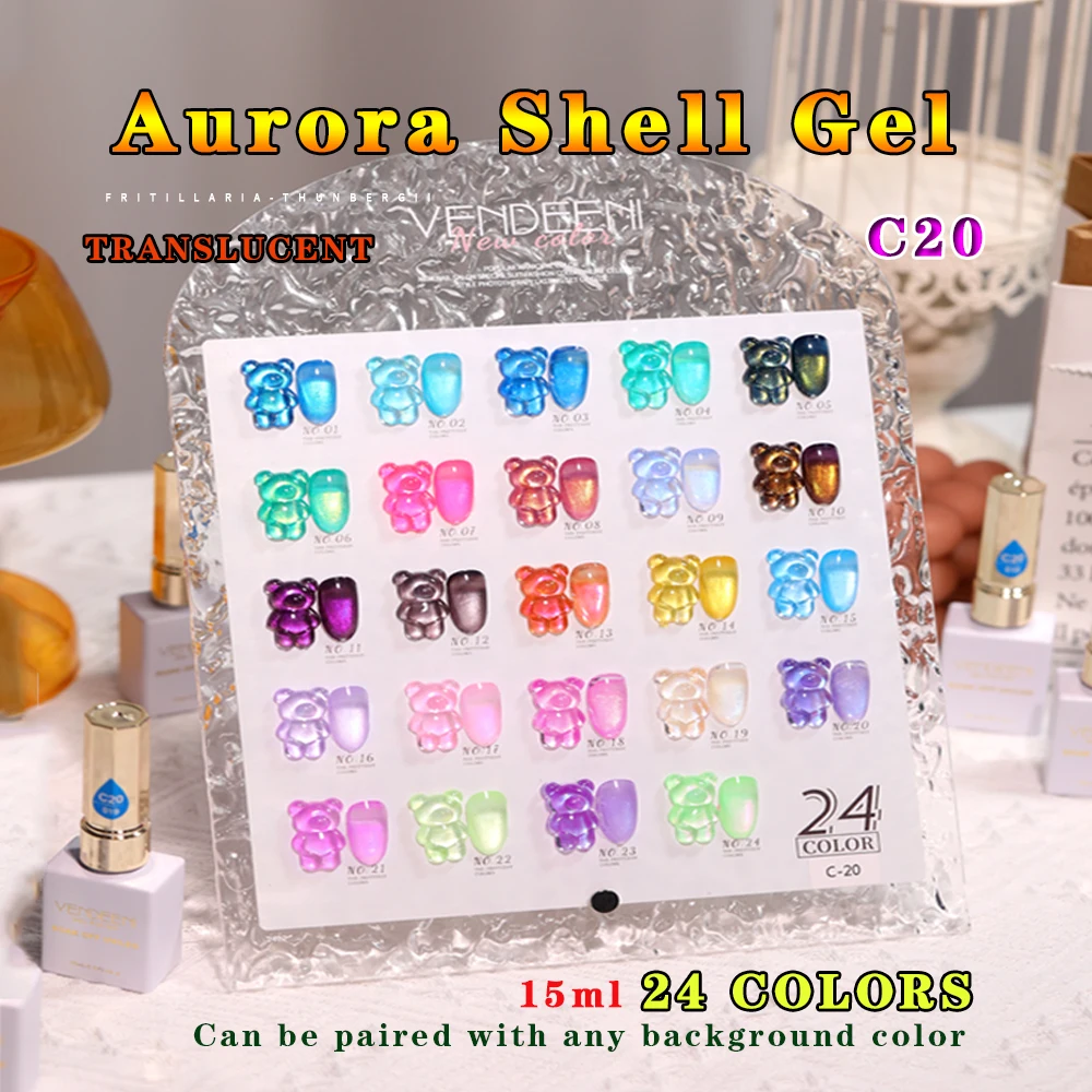 Vendeeni 24 Colors Candy Nail Art Pearl Texture Nail Polish Thread Phototherapy Gel Pearlescent Fine Glitter Nail Polish Gel