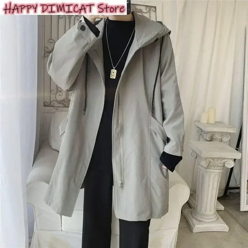 Men's Casual Hooded Jackets, Hip Hop Streetwear Coats, Black Overcoat, Harajuku Windbreaker, Male Outwear, New