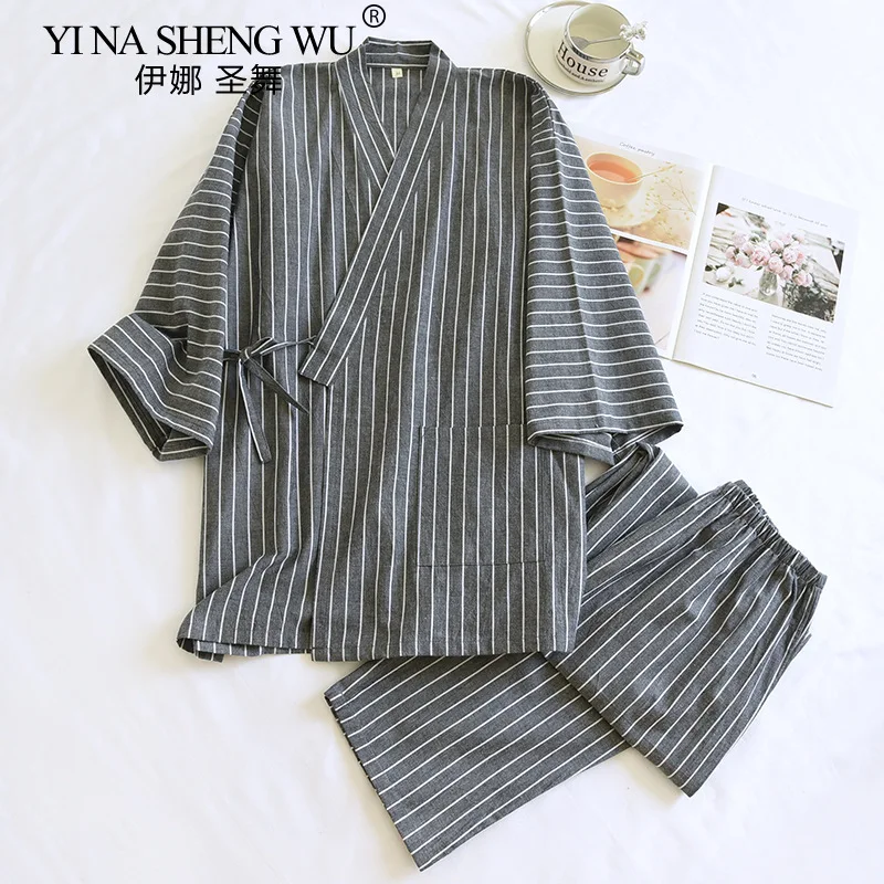 Men's Cotton Kimono Robes Pajamas Clothes Thin Spring and Autumn Streak Black Colors Home Clothes Loose Casual Men Robe Sets