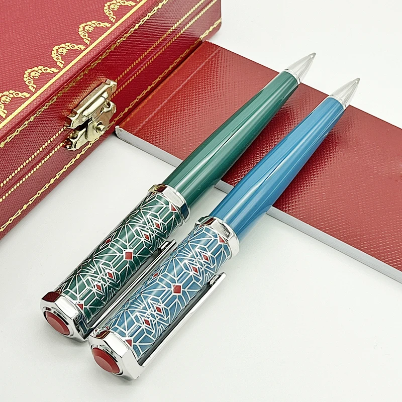 

Ca- Luxury Ballpoint Pen Heptagon Net Pattern Red Rhombus Blue / Green Barrel Silver Trim With Serial Numbe