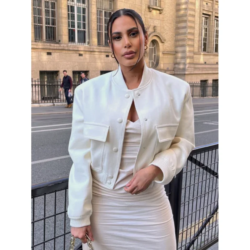 

Fashion Pocket Short Jacket Women Solid O Neck Long Sleeve Coat 2023 Spring Autumn Casual Female Single Breasted Outwear