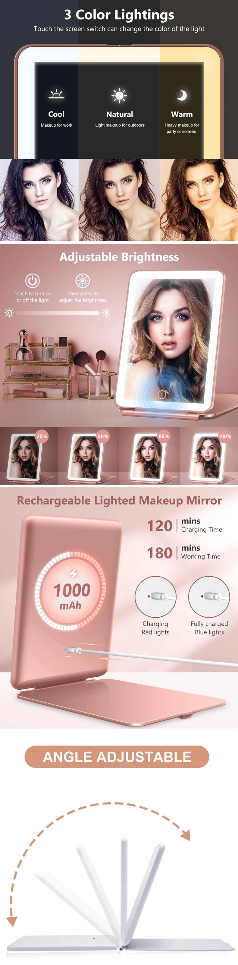 Description Picture 3 of itemPortable Vanity Mirrors 3 Color LED Light Dimmable Touch Screen Makeup Mirror Rechargeable Foldable Tabletop Light Up Mirror