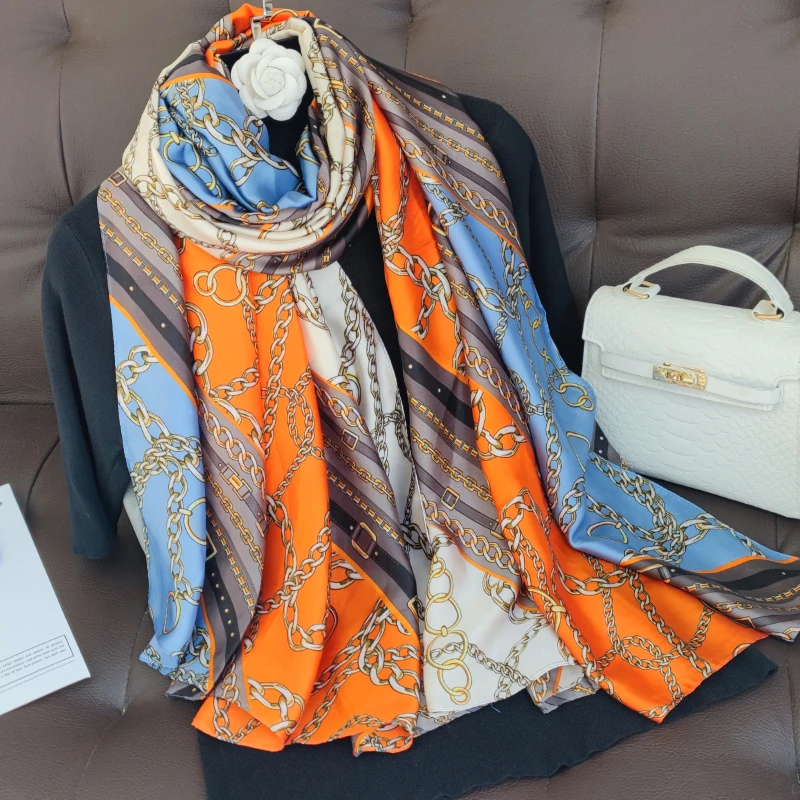 

2023 Women Fashion Silk Scarf Female Scarves Ladies Beach Wrap Chiffon Shawl Sunscreen Printed Foulard Muffler Classic Bandanna