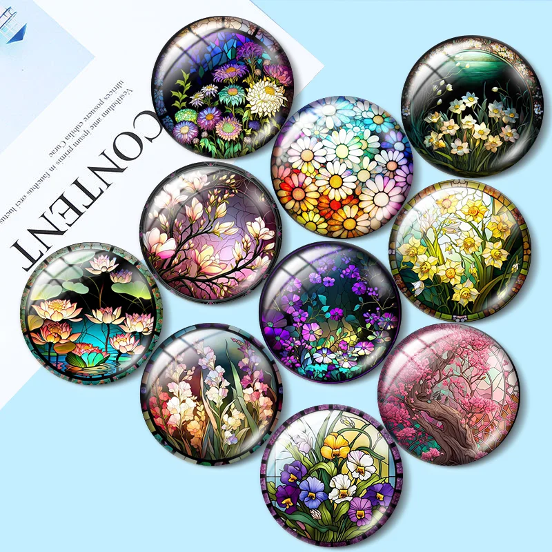 

Beautiful flowers Cherry daisies Lotus flowers 10pcs 12mm/16mm/18mm Round Photo Glass Cabochon Demo Flat Back Making findings