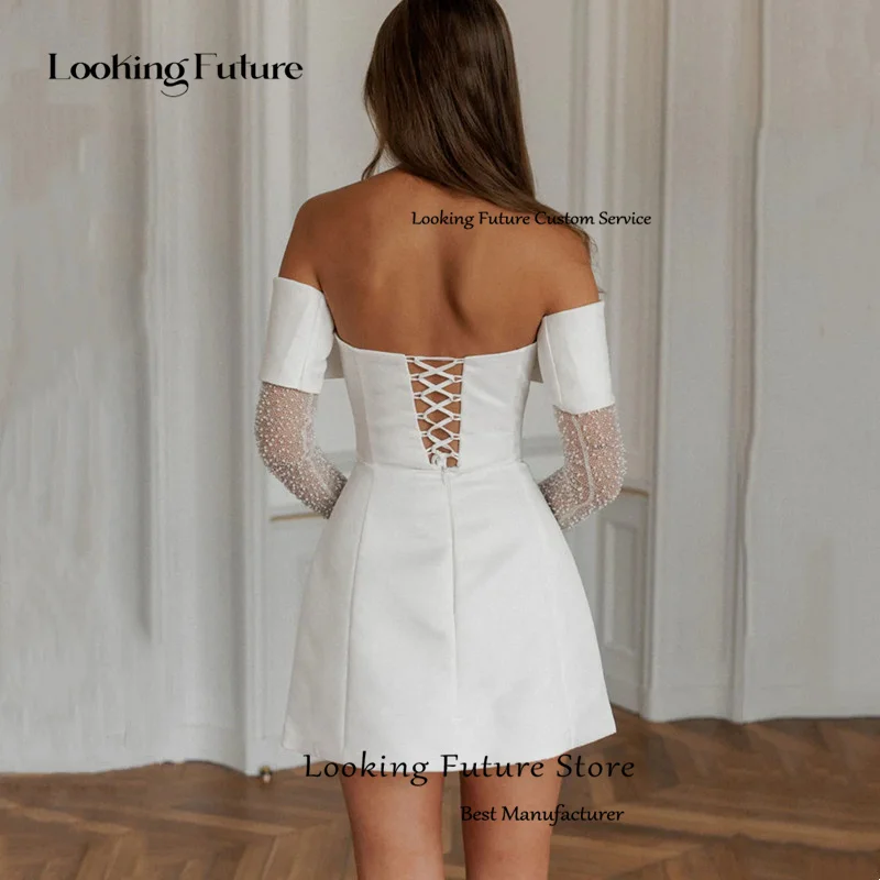 Simple A-Line Mini Wedding Dresses Elegant Long Sleeves Pleat Pearls Strapless Sexy Backless with Lace Up Short Gowns Customized 16 S80e43700c31a480b92c7130e7834e621H
