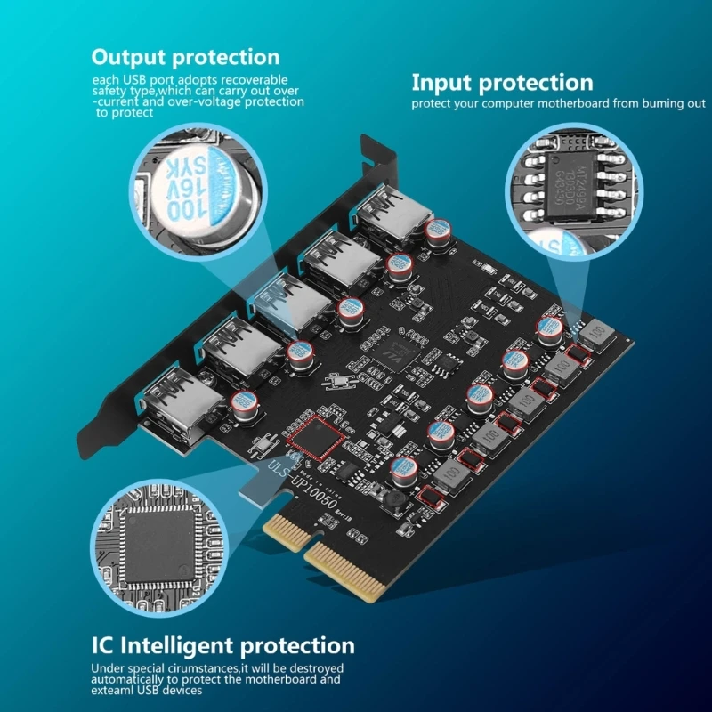 

20 ГБ USB 3.2 PCI-E Riser Карта расширения 5 портов USB3.2 Концентратор-сплиттер PCI для экспресс-адаптера Универсальный для
