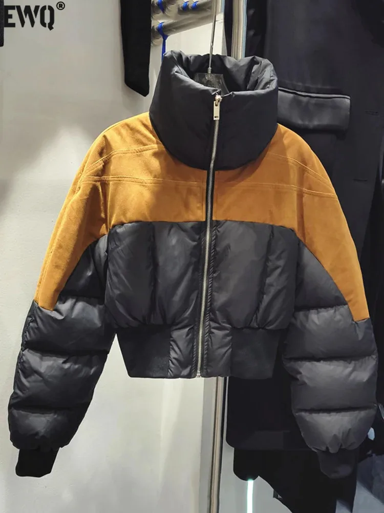 

[EWQ] Zipper Lapel Contrast Color Patchwork Women's 2023 New Winter White Duck Down Jacket Short Thick Cotton Padded Coat 6U6277