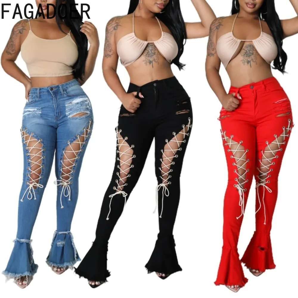 

FAGADOER Vintage Fashion Hole Hollow Bandage Skinny Denim Flared Pants Women High Waist Button Pocket Jean Female Solid Bottoms