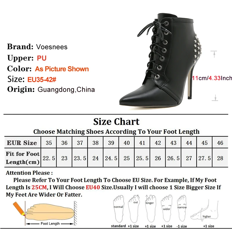 Black Leather Punk Style Pointed High Heel Boots 11CM Stiletto Fashion Rivet Lace-up Ankle Boots Spring Autumn Shoes For Women