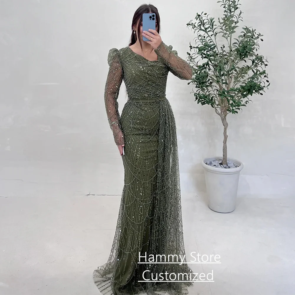 Sequined Mermaid Evening Dress Customized V Neck Full Sleeves Beading Pearls Sweep Train Prom Party Gown Robe De Soiree 1