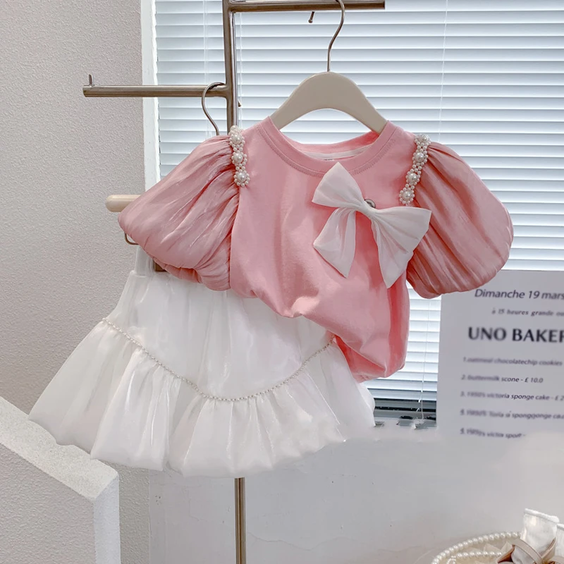 

Summer Children Clothes Suit Girls' Clothing Sets Bow Streamer Pearl Stitching Short-Sleeved Tutu Skirt Fashion Baby Kids Outfit