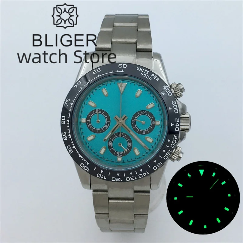 BLIGER Luxury Fashion Quartz Chronograph Business 39mm Sapphire Crystal Men's Watch VK63 Movement Ceramic Bezel Luminous index
