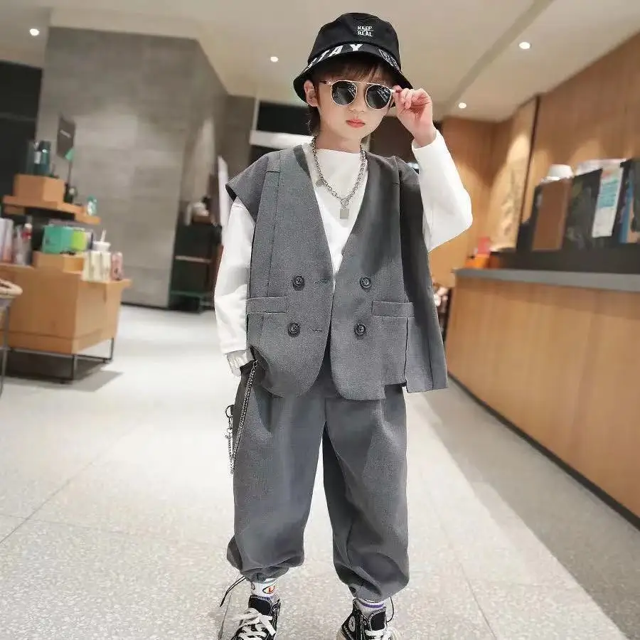 

2023 teen Boys suit clothes children's spring and autumn fashionable handsome clothing set kid vest +pant 2 pcs outfit 3-12y