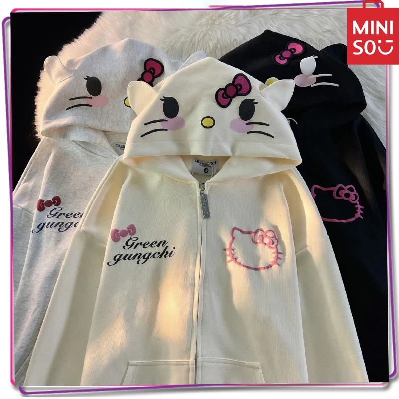 

2024 New Miniso Sanrio Hello Kitty Y2K Cartoon Hoodie Jacket Women's Plush Thickened Long Sleeved Top Sports Shirt Coat Gift