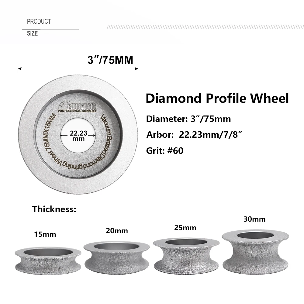 Shdiatool Vacuümgesoldeerde Diamant Slijpschijf Van Half-Ronde Rand 75Mm Diy Diamant Wiel Gebruikt Droog Of Nat 15/20/20/30Mm Beschikbaar