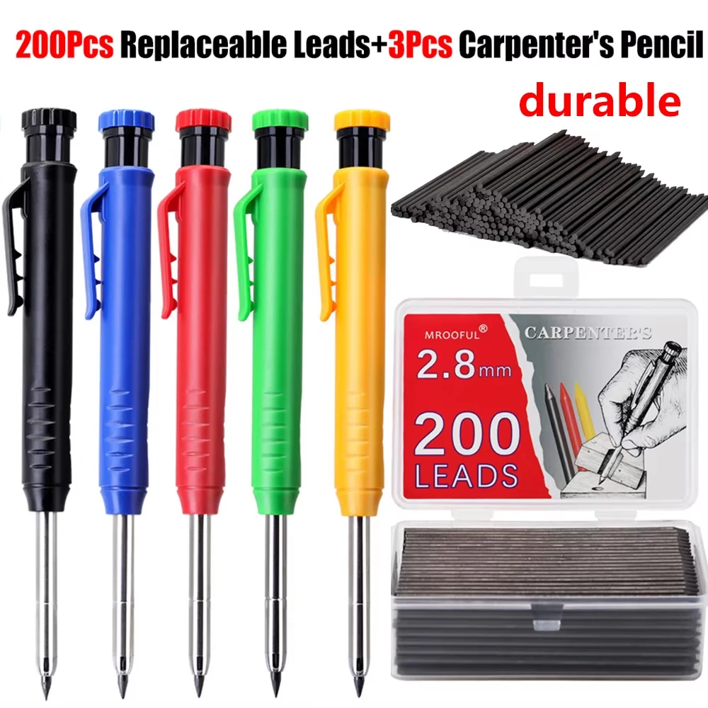 3Pcs Solid Carpenter Pencil Set For Deep Hole Marker With Refill Leads Marking Tool Woodworking Deep Hole Mechanical Pencils