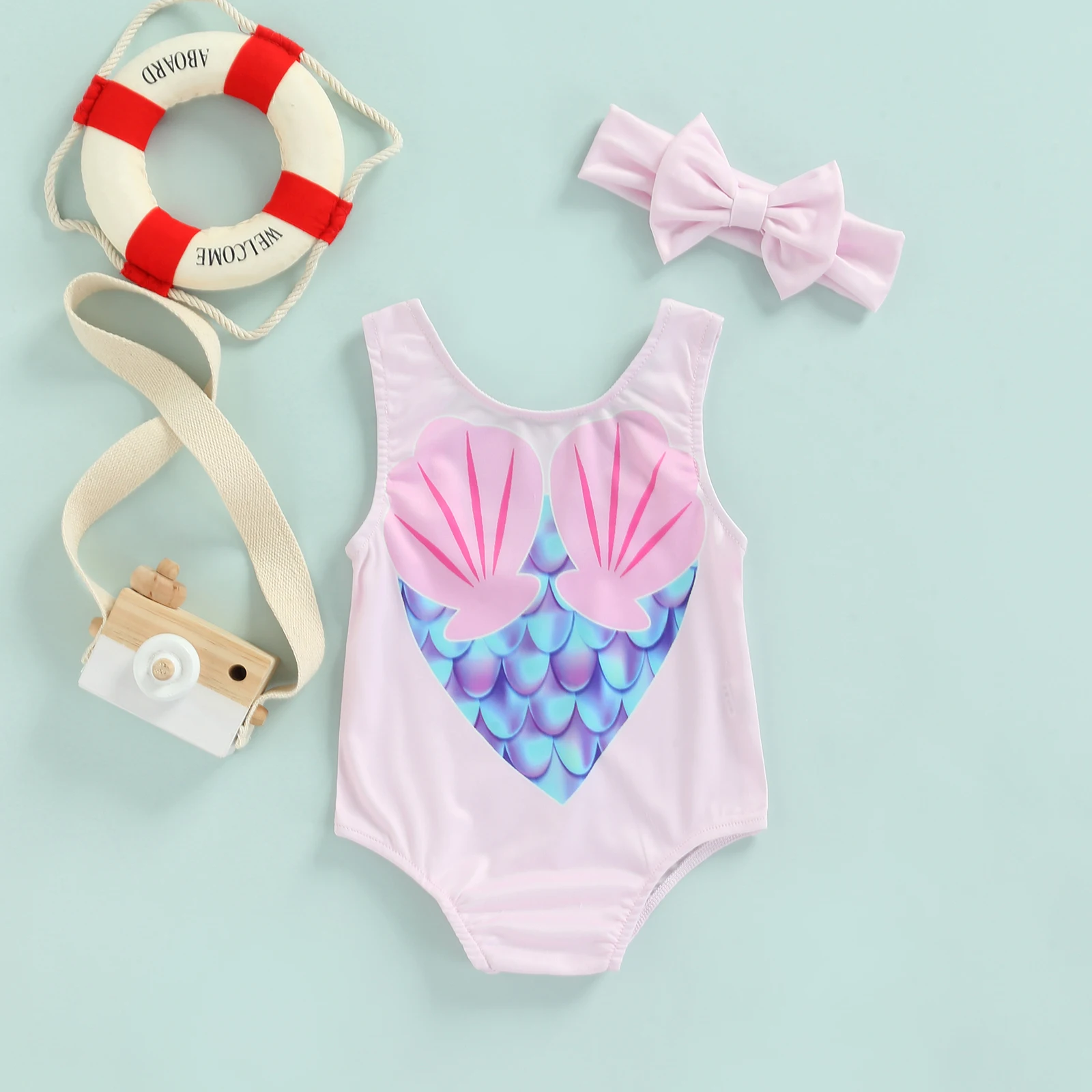 Breathable Little Girls One-piece Swimsuit Summer Children Cute Flamingo/Tie-dye Printing Fly Sleeve Swimwear for Vacation