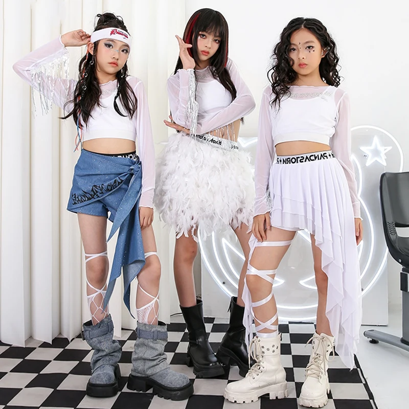 Kids Girls Hip Hop Clothes Jazz Dance Costume Tassel Tops Feather Skirt Black Pants Kpop Performance Outfits Stage Wear BL13792