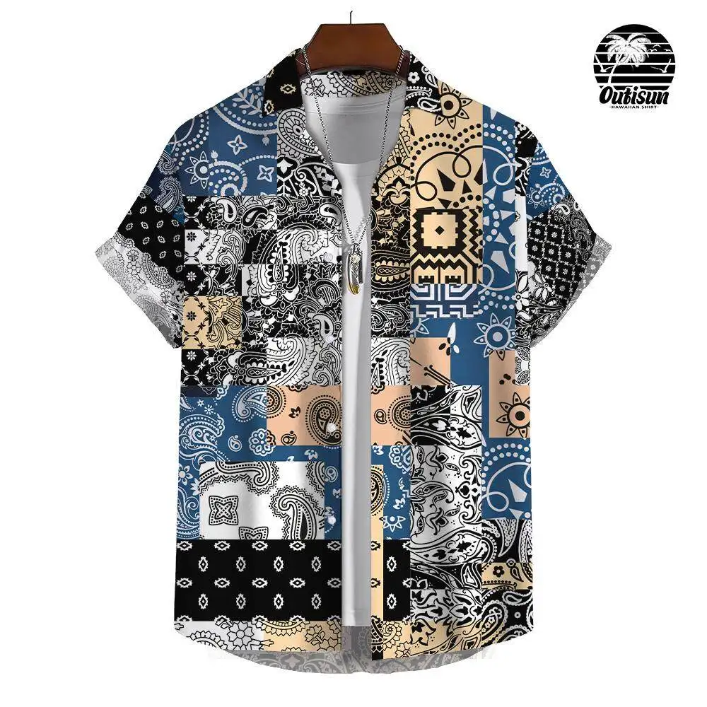 Men's Casual Short Sleeve Shirt Patchwork Plaid Print Summer Daily Casual Wear Men's Shirt Oversized Top Size S-5XL 3