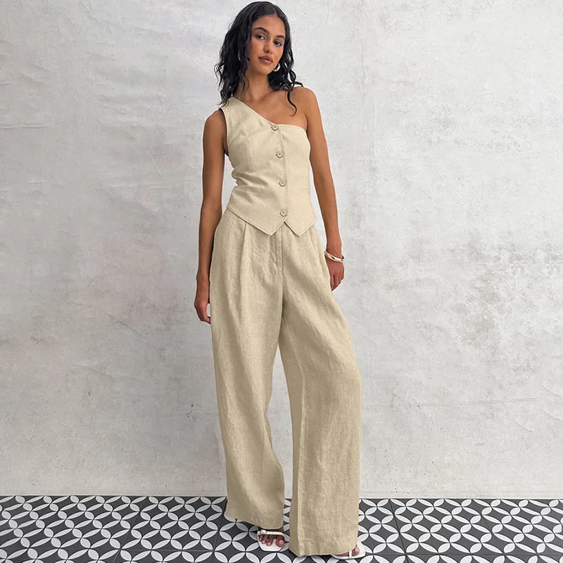 Spring and Summer New Cotton and Linen Sleeveless Waistcoat Irregular Collar Set 2024 Fashion Women's Two-piece Women's Set