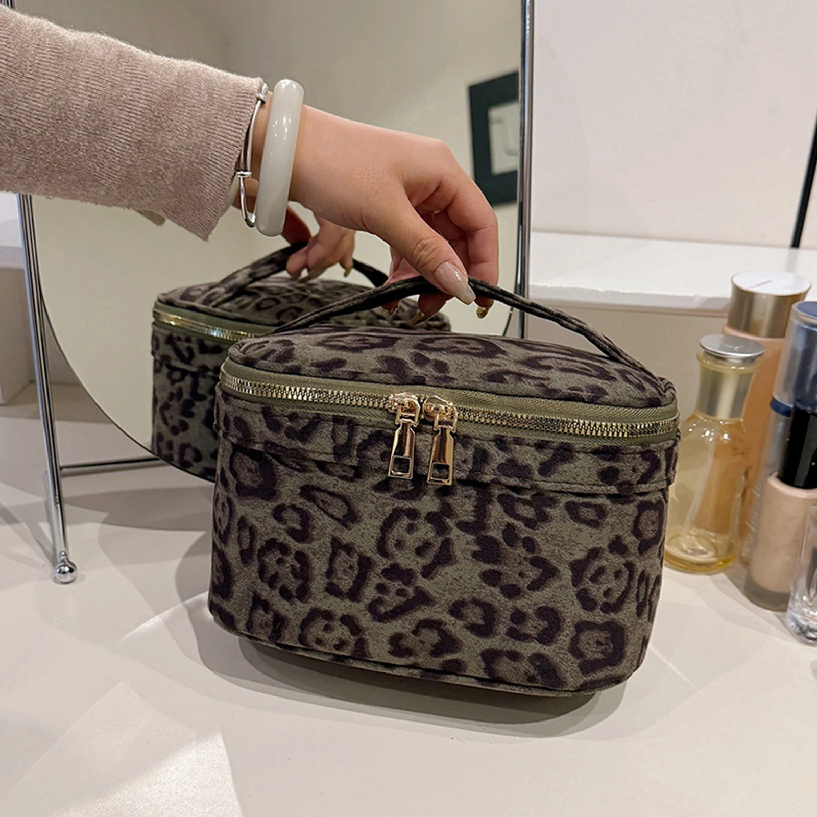 Women Leopard Faux Suede Cosmetics Case Large Capacity Handheld Storage Bag Brush Wash Bag for Girl Women Wife Gifts