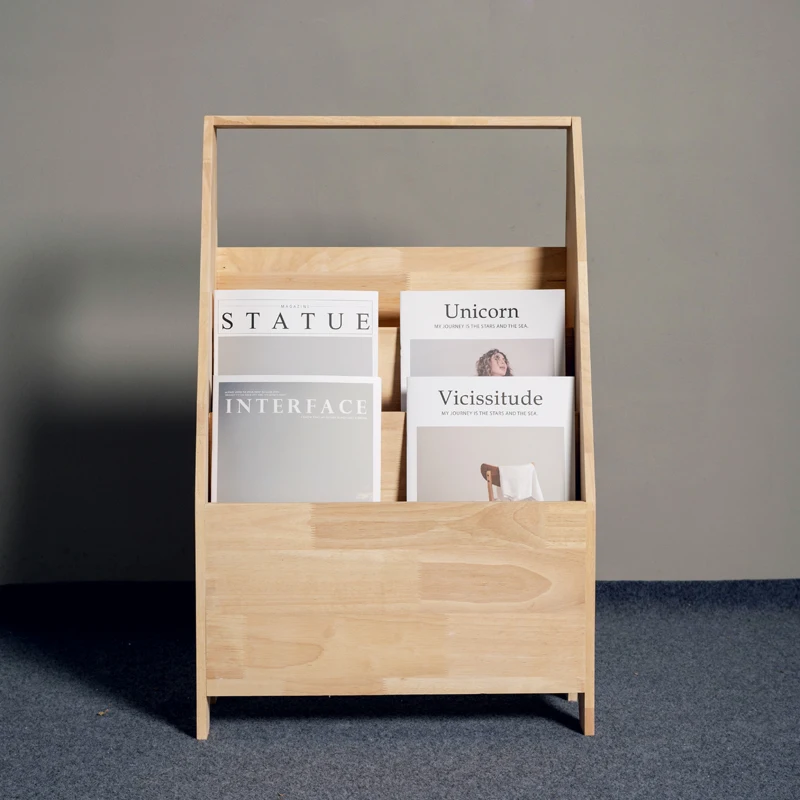 Nordic Magazine Rack Minimalist Solid Wood Bookshelf 3-Tier Poster Display Living Room Vintage Floor Standing Organizer-FYMR