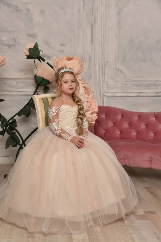 Flower Girls Dress Vintage Princess Lace Tulle for Kid Child Wedding Party Juniorbridesmaid Maxi Ball Gown Evening flower girl dresses,girls dresses
