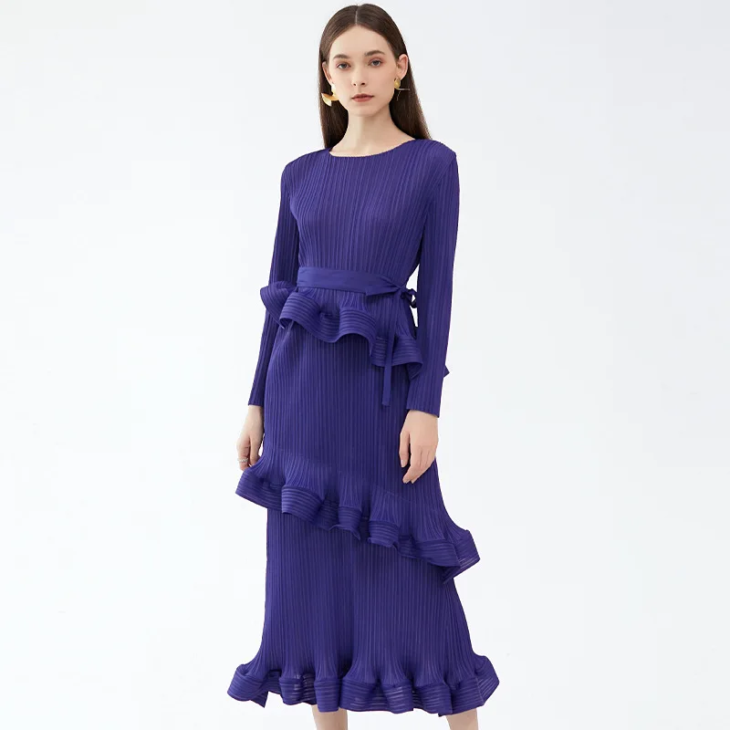 

2023Miyake Women Ruffles Pleated Dress Solid Color O-neck Long Sleeve Lace-up Mid-length Dresses Female Elegant Casual Clothing