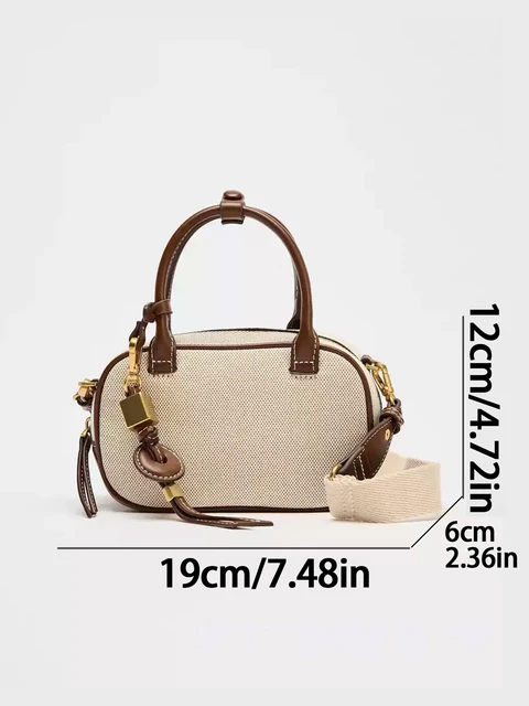 2025 New niche retro color-blocking hand-held small bag, stylish crossbody canvas PU small square bag, single-shoulder bowling b 5