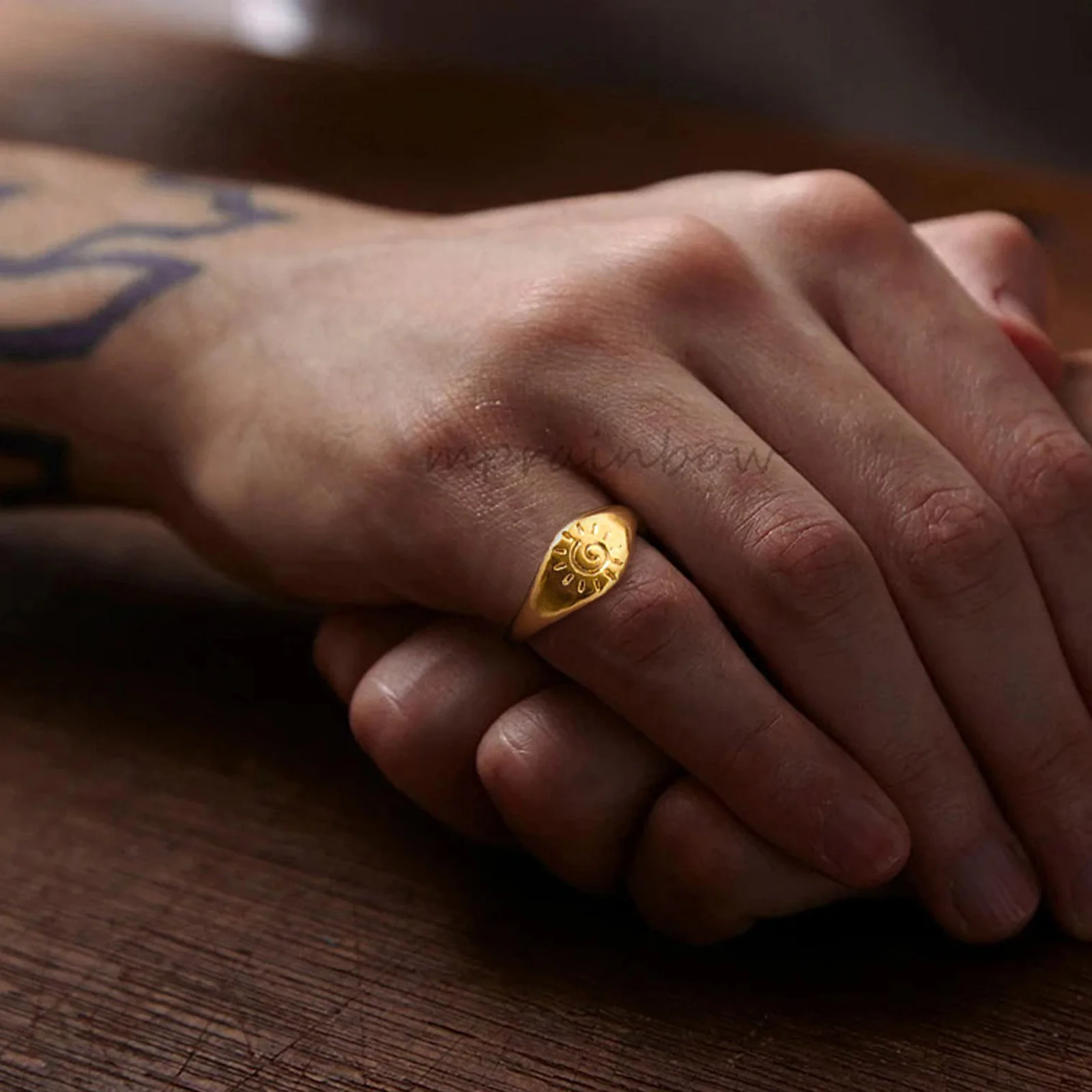 Stainless Steel Tail Ring for Men Women,Gold Color Irregular Sun Pinky Ring,Stylish INS Style Signet Ring Gift