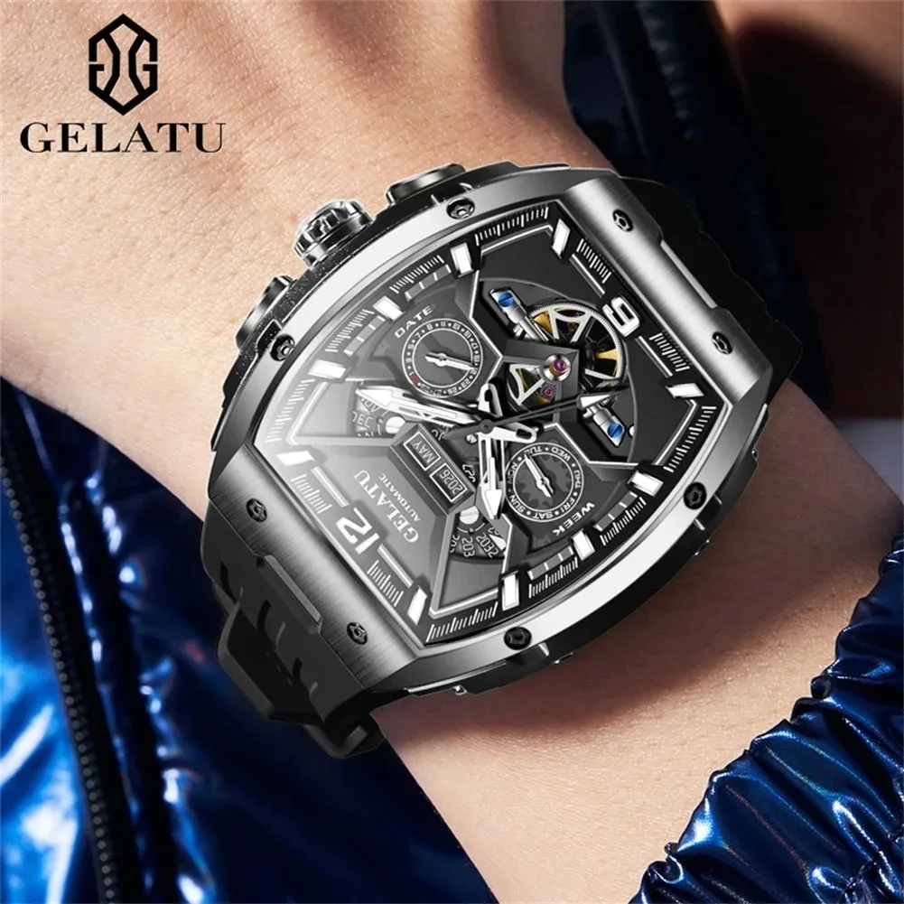GELATU 6013 Fashion Original Watch for Men Multifunction Chronograph Waterproof Silicone Strap Automatic Mechanical Wristwatches 6