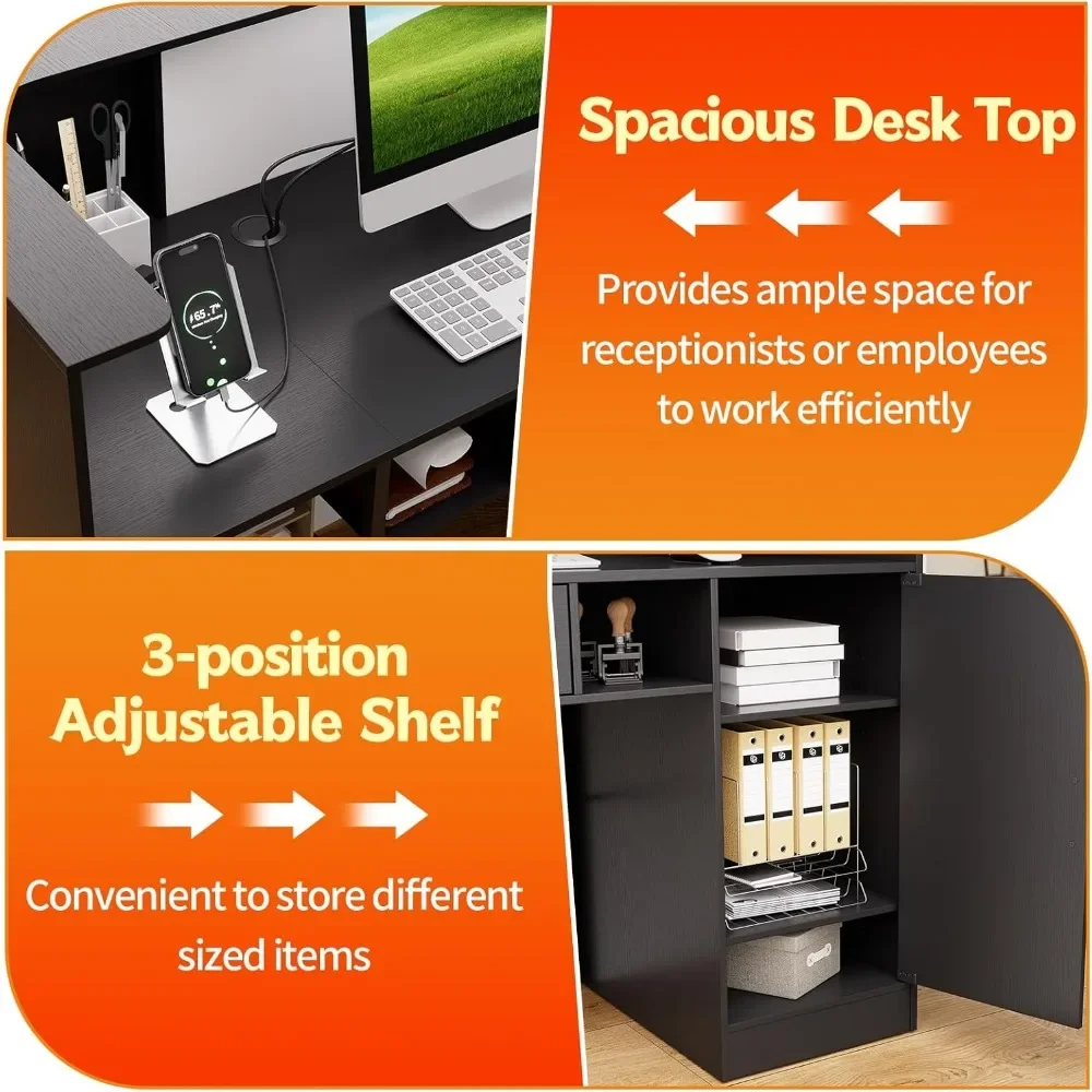 Modern Reception Desk with LED Lights, 63 Inches Front Counter Table with Lockable Drawer & Shelves, Checkout Counter 5