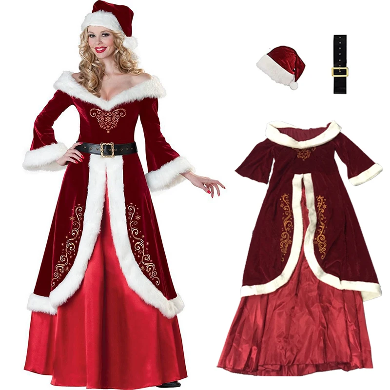 Conjunto de disfraz de Papá Noel para hombre y mujer, traje de cosplay de terciopelo rojo de lujo, ropa elegante para adultos, vestido de fiesta de Navidad, atuendo decorativo