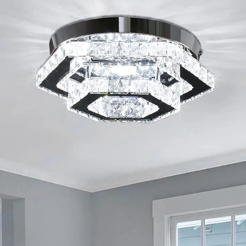 

FRIXCHUR Modern Crystal Chandelier LED Flush Mount Ceiling Light Fixture for Bedroom Hallway Bar Living Room