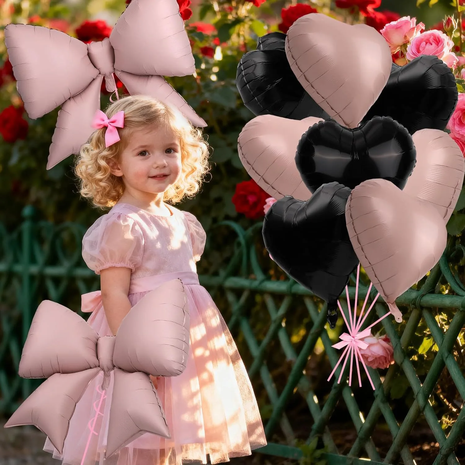 10 Stück rosa schwarze Schleifen- und Herzballons, rosa und schwarze herzförmige Schleifenballons, Kokette, Braut- und Geburtstagsfeier, Valentinstagsdekoration – Detail 11
