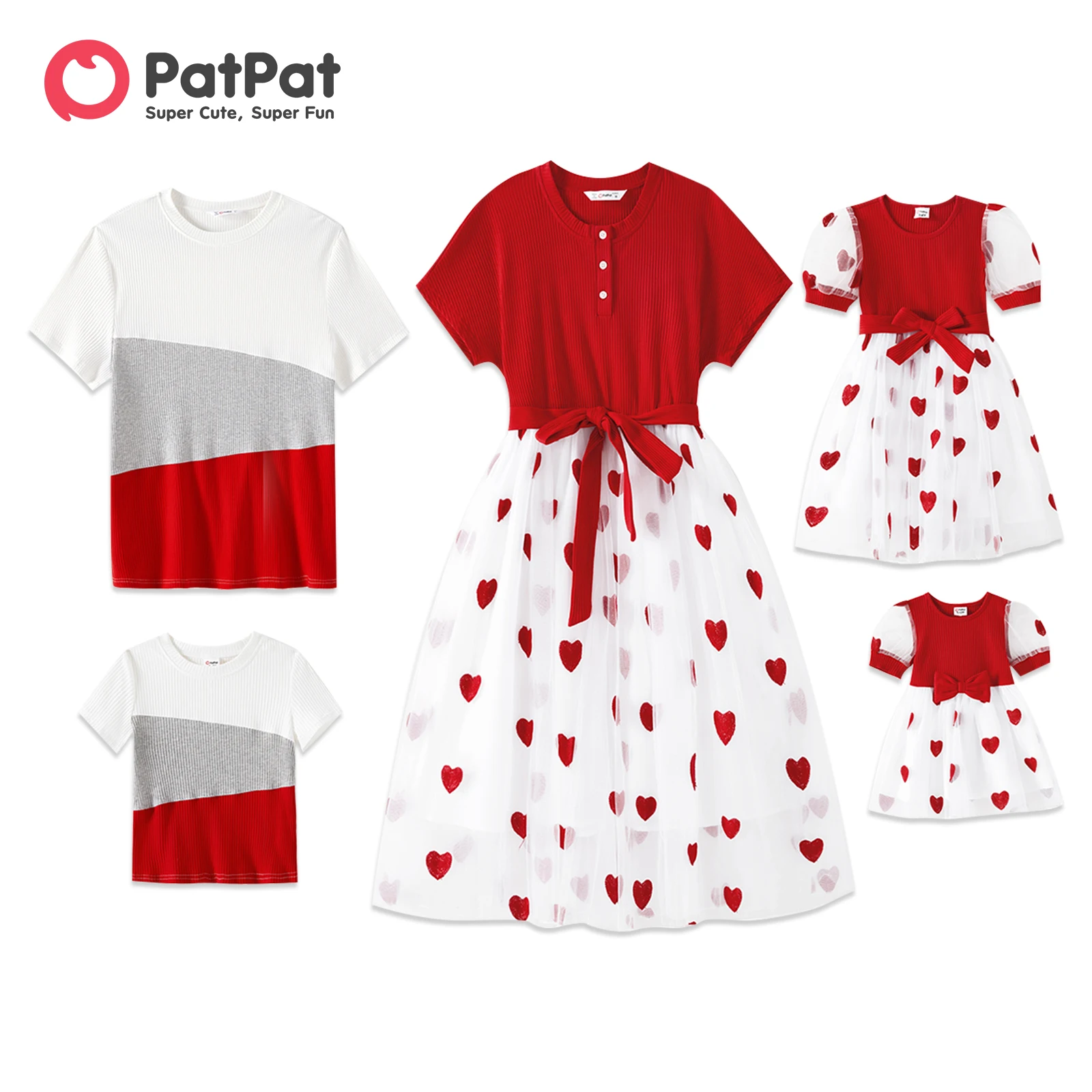 PatPat Family Matching Short-sleeve Cotton Ribbed Colorblock T-shirts and Allover Heart Embroidered Mesh Spliced Dresses Sets