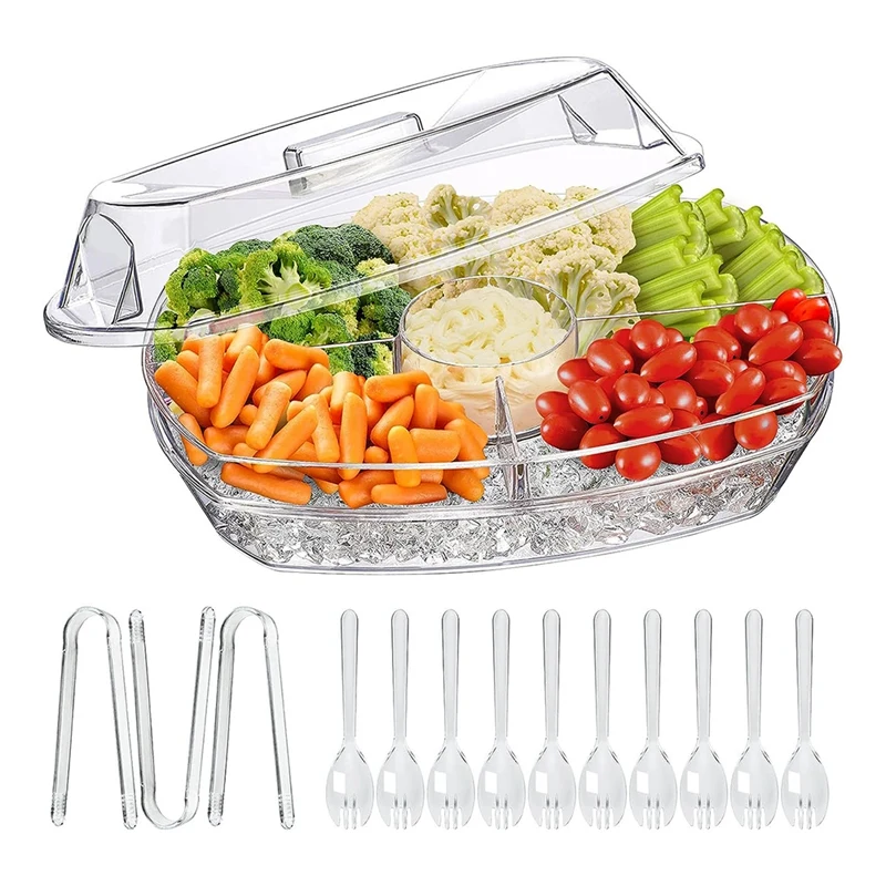 

Chilled Fruit Tray 15 Inch Clear Party Platter Transparent With Lid For Christmas,Thanksgiving,Camping Out