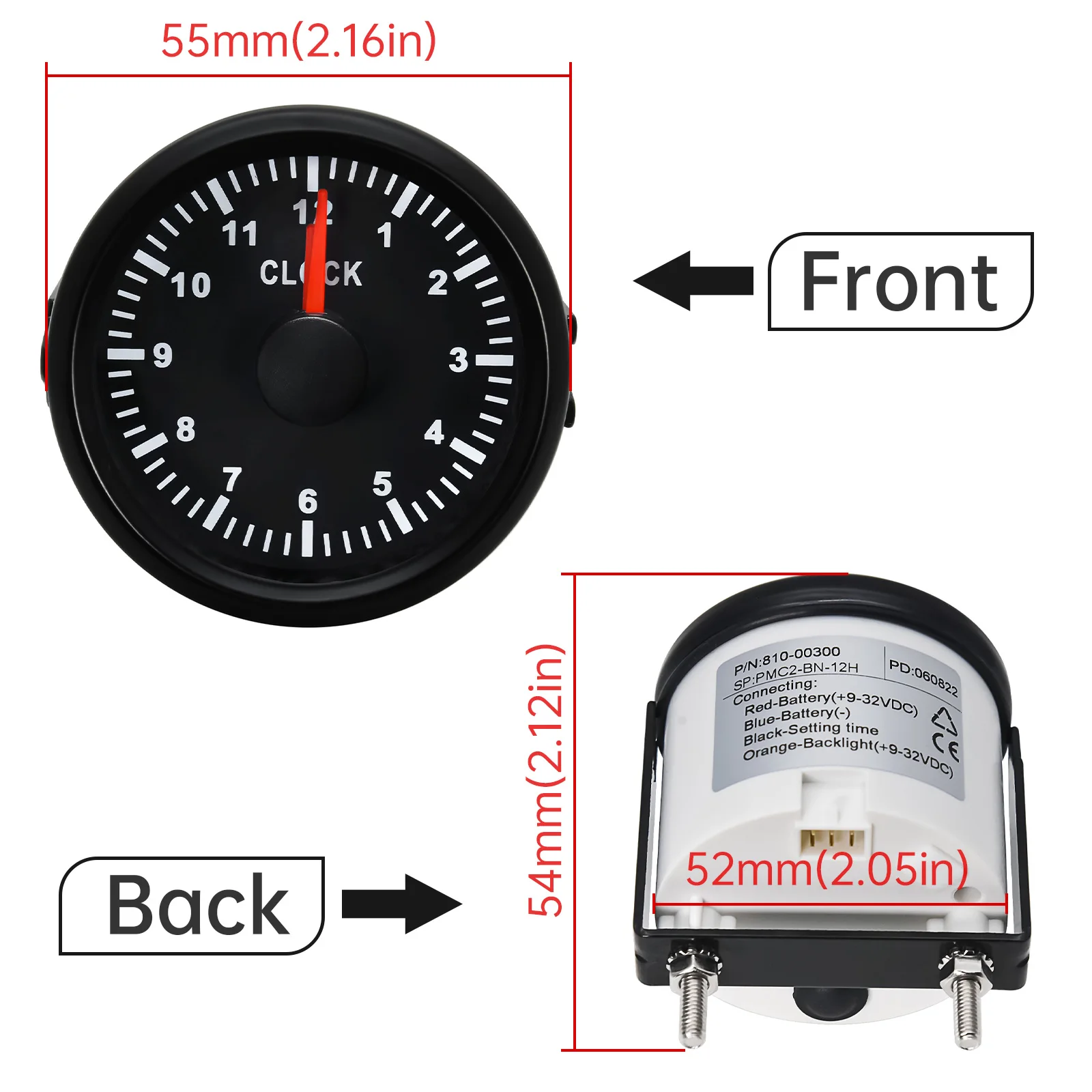 Clock Gauge 12Hours car clock 52mm 2inch for Cars Boat Truck 12V/24V Red Backlight Waterproof Clock Meter Car Gauges boat clock