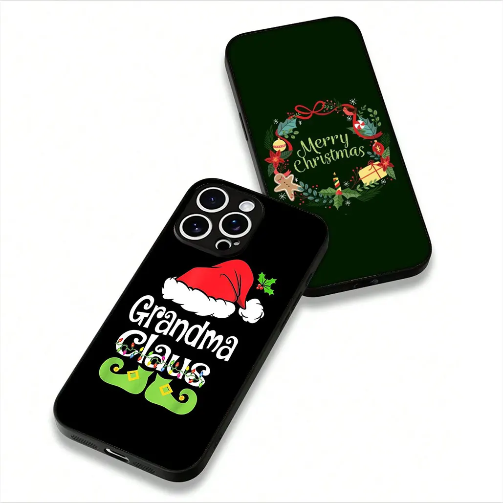 Festive Holiday Themed Phone Case with Christmas Tree, Deer, and Snowman Design