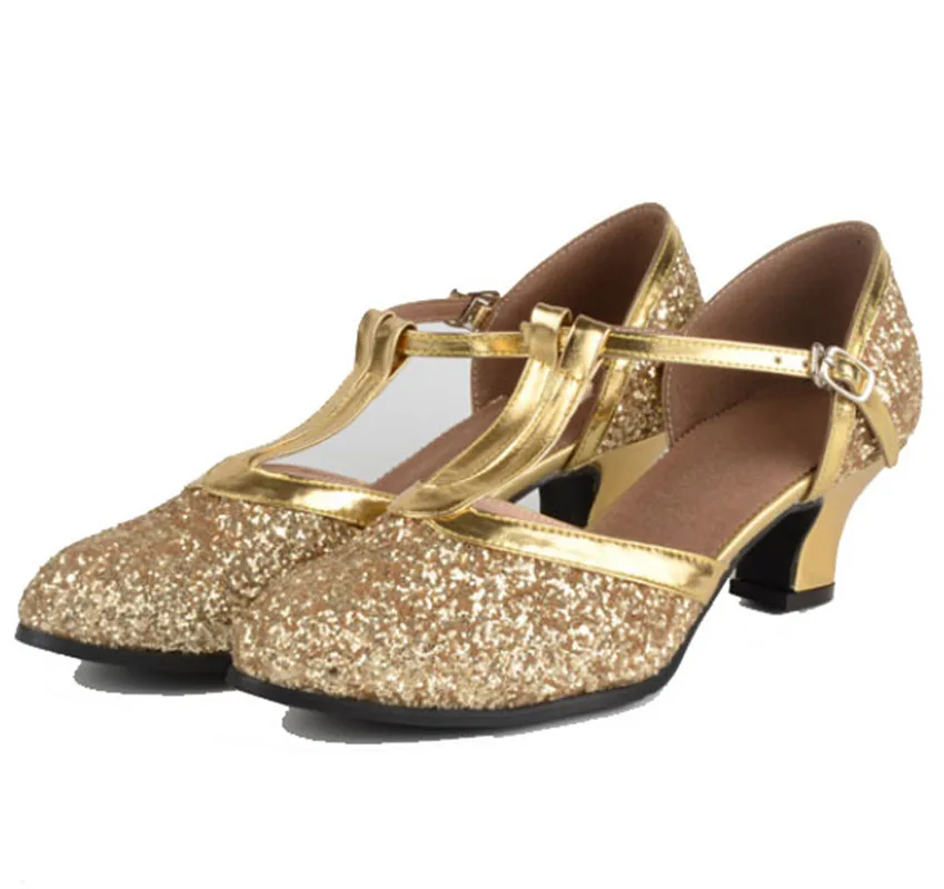 Modern Dance Shoes Women Ladies Sequin Glitter Closed Toe Tango Shoes T Strap Standard Waltz Ballroom Dancing Shoes Low Heels 3