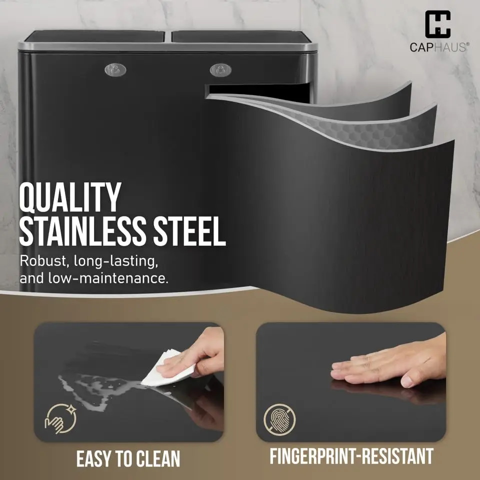 Double Lid, Trash & Recycle Bins Combo, Hands-Free Stainless-Steel Garbage Can for Kitchen, with 2 Compartment, Hinged Lid, Odor